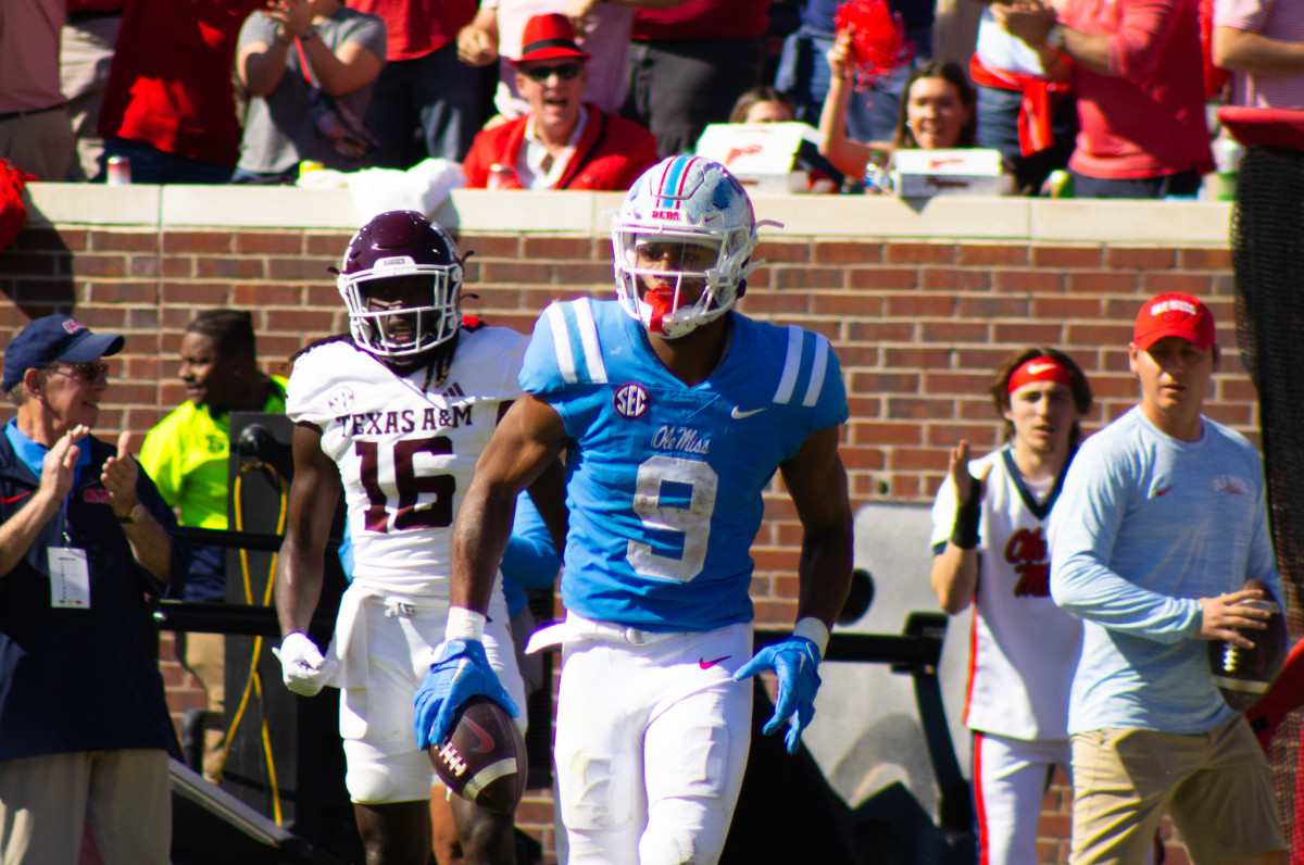 Ole Miss Rebels Tre Harris scores a touchdown against Texas A&M at Vaught-Hemingway Stadium 